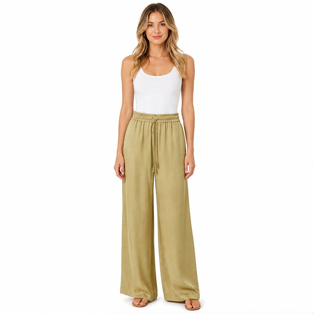 House of Harlow 1960 Wide Leg Satin Pants Olive Green Paperbag Waist SMALL